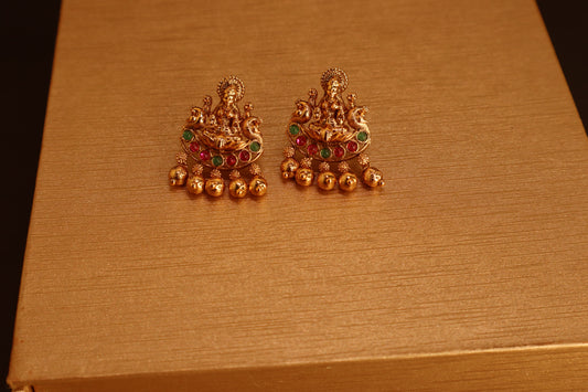 Premium Lakshmi Earrings with Golden Beads Drops