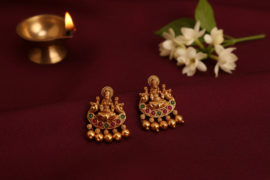 Premium Lakshmi Earrings with Golden Beads Drops