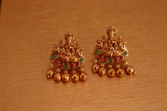 Premium Lakshmi Earrings with Golden Beads Drops