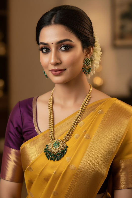 Beautiful Traditional Temple Haaram With Green pearl