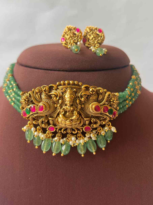 Beautiful Lakshmi Peacock Jadau green Beads choker
