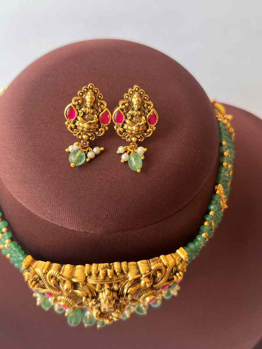 Beautiful Lakshmi Peacock Jadau green Beads choker