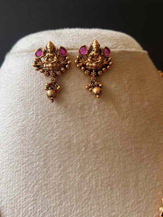 Premium Simple Lakshmi Pendant Necklace with Ruby and gold Beads Drops