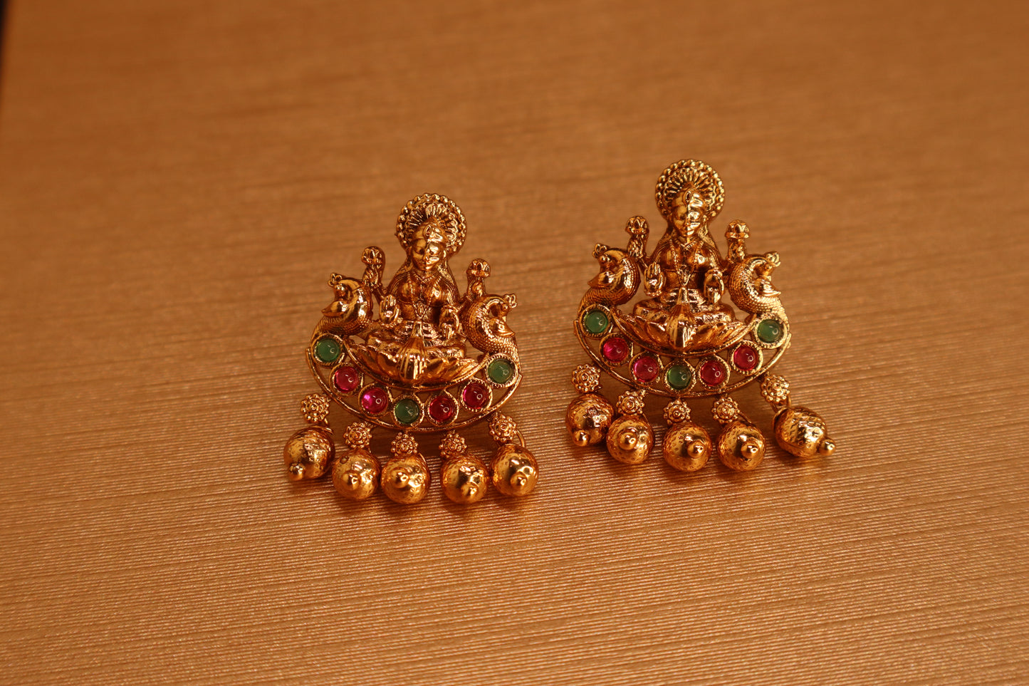 Premium Lakshmi Earrings with Golden Beads Drops