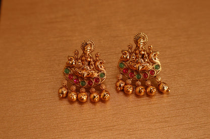 Premium Lakshmi Earrings with Golden Beads Drops