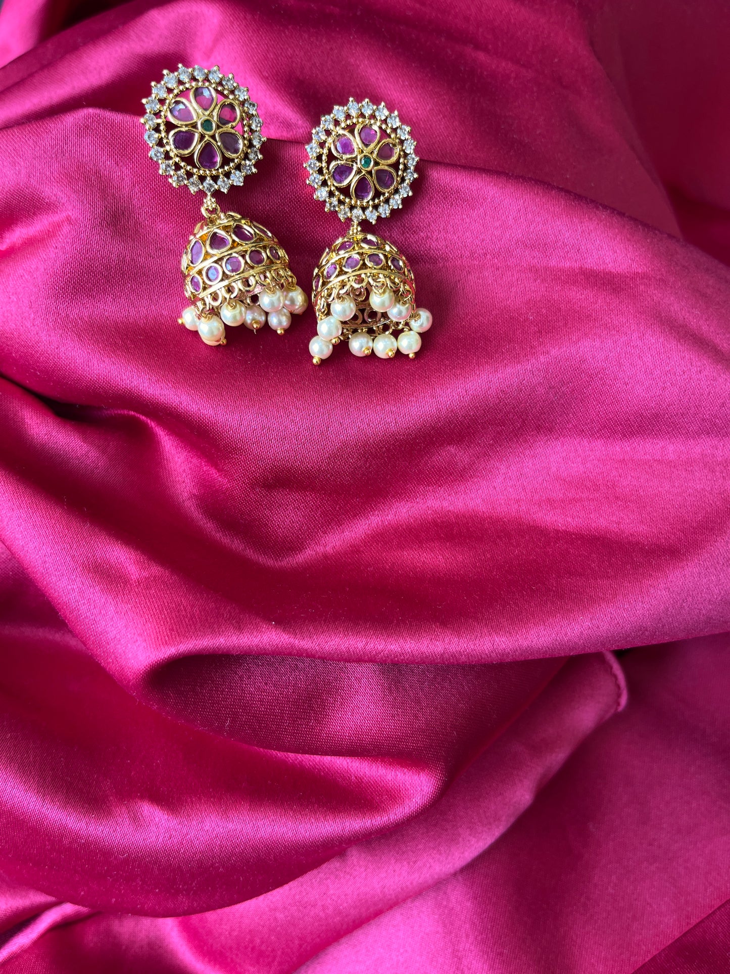 Premium Beautiful Antique Ruby Pearl Dome Jhumkas (Available in green Colors)