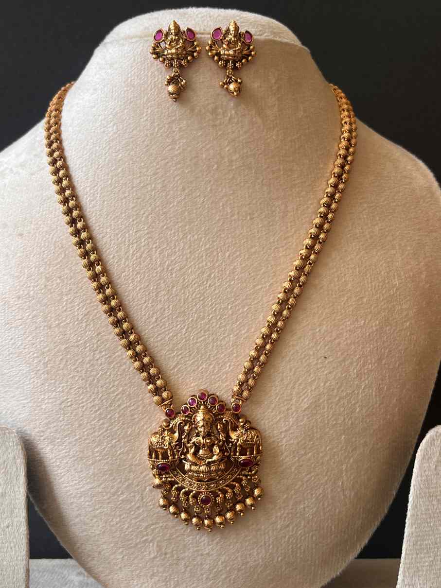 Premium Simple Lakshmi Pendant Necklace with Ruby and gold Beads Drops