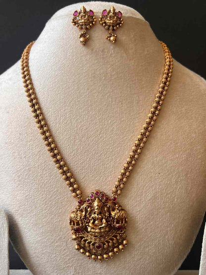 Premium Simple Lakshmi Pendant Necklace with Ruby and gold Beads Drops