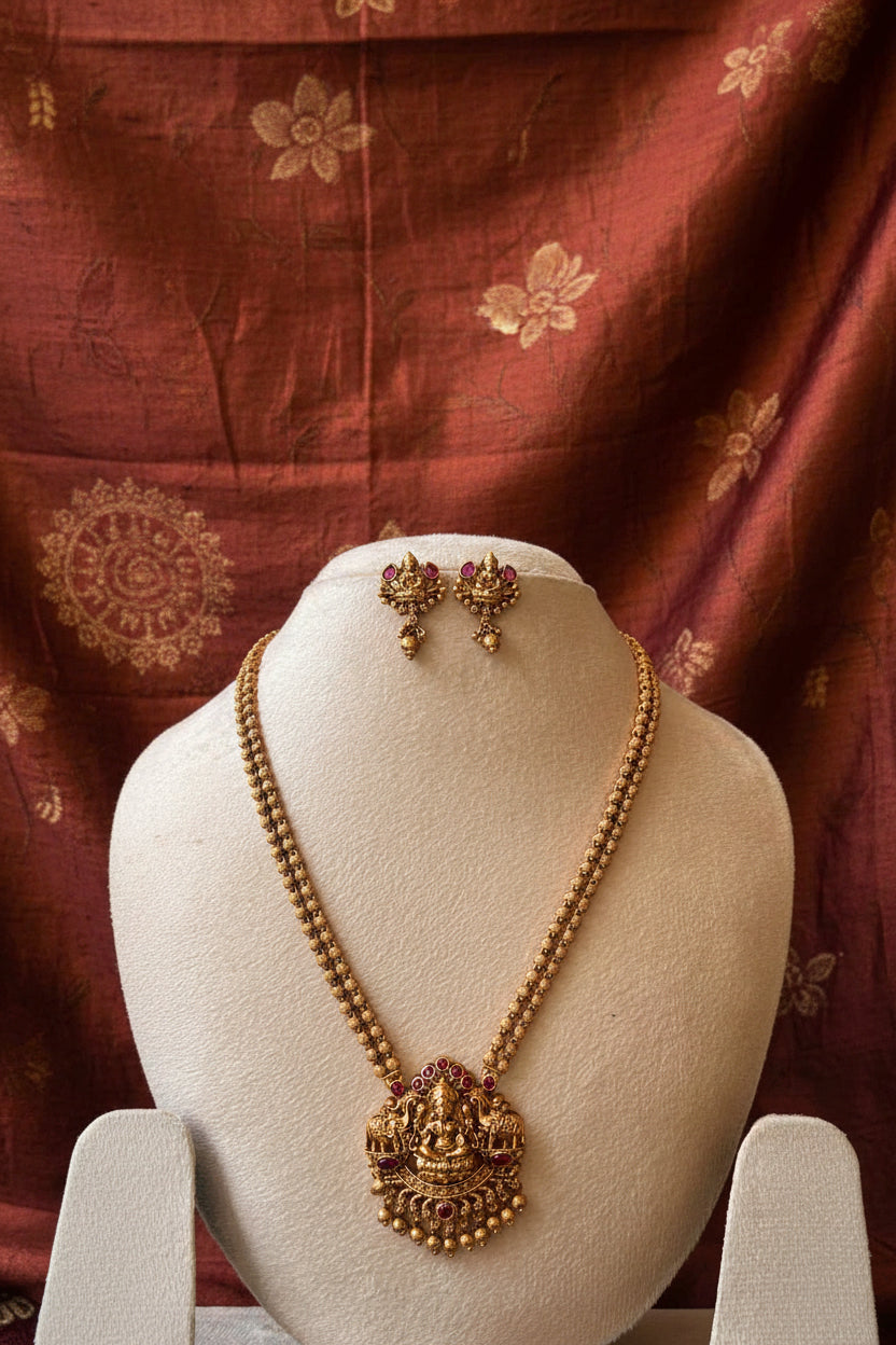 Premium Simple Lakshmi Pendant Necklace with Ruby and gold Beads Drops